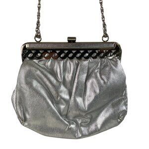 Vintage Lewisette Silver Metallic Evening Clutch Purse With Chain Strap